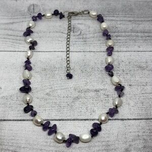 Artisan baroque pearls and amethyst stone chips boho style necklace.